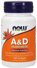 Now Foods vitamīns A + D, 100 kapsulas