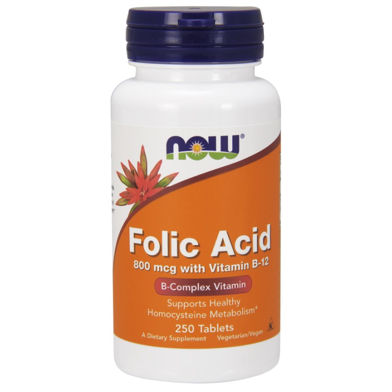 NOW FOODS folijskābe - folijskābe 800 mcg + B12 vitamīns 25 mcg 250 tabletes