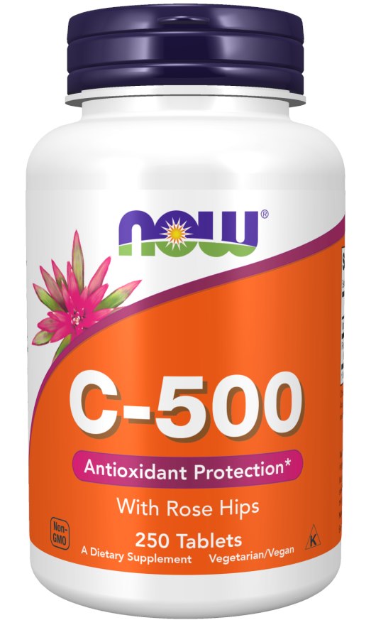 Now Foods C vitamīns 500 mg ar mežrozītēm 250 tabletes