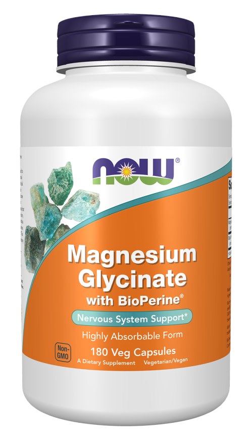 Now Foods magnija glicināts ar BioPerine 180 kaps.