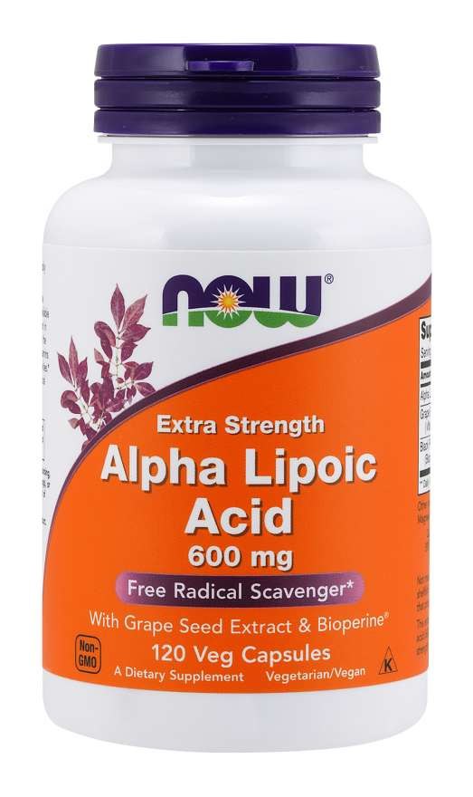 NOW FOODS ALA - alfa lipoīnskābe 600 mg + vīnogu ekstrakts + bioperīns 120 kaps.