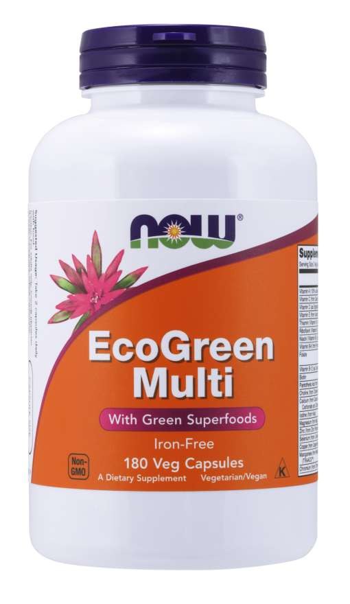 NOW FOODS EcoGreen multivitamīnu un minerālvielu komplekss bez dzelzs 180 kapsulas