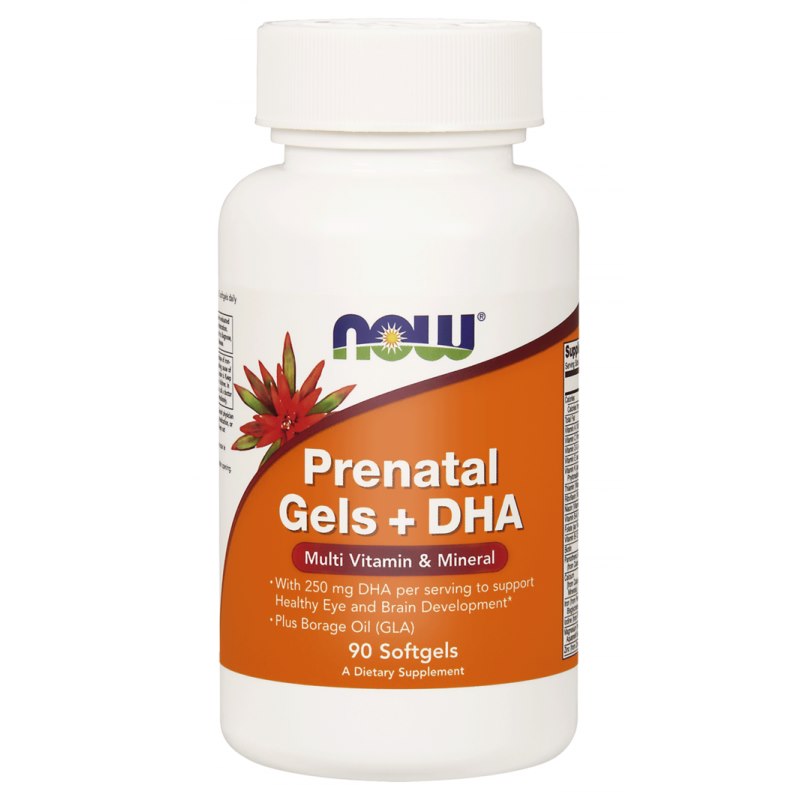 Now Foods Prenatālie gēli + DHA - Prenatālie vitamīni un minerāli + DHA 90 kapsulas