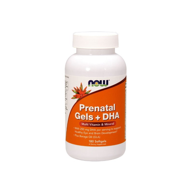 Now Foods Prenatālie gēli + DHA – Prenatālie vitamīni un minerālvielas + DHA 180 kapsulas