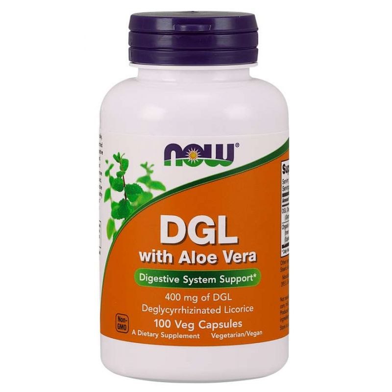NOW FOODS DGL ar alveju – lakricas sakne 400 mg + alveja 100 kaps.