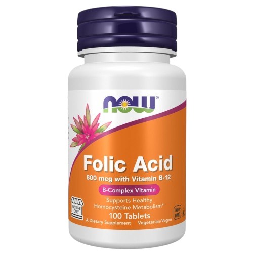 Now Foods folijskābe - folijskābe 800 mcg + B12 vitamīns 25 mcg 100 tabletes