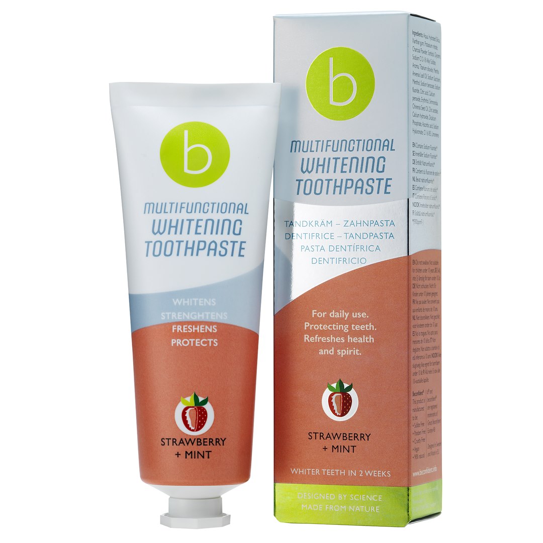 BECONFIDENT daudzfunkcionāla balinoša zobu pasta ar zemeņu un piparmētru garšu 75 ml