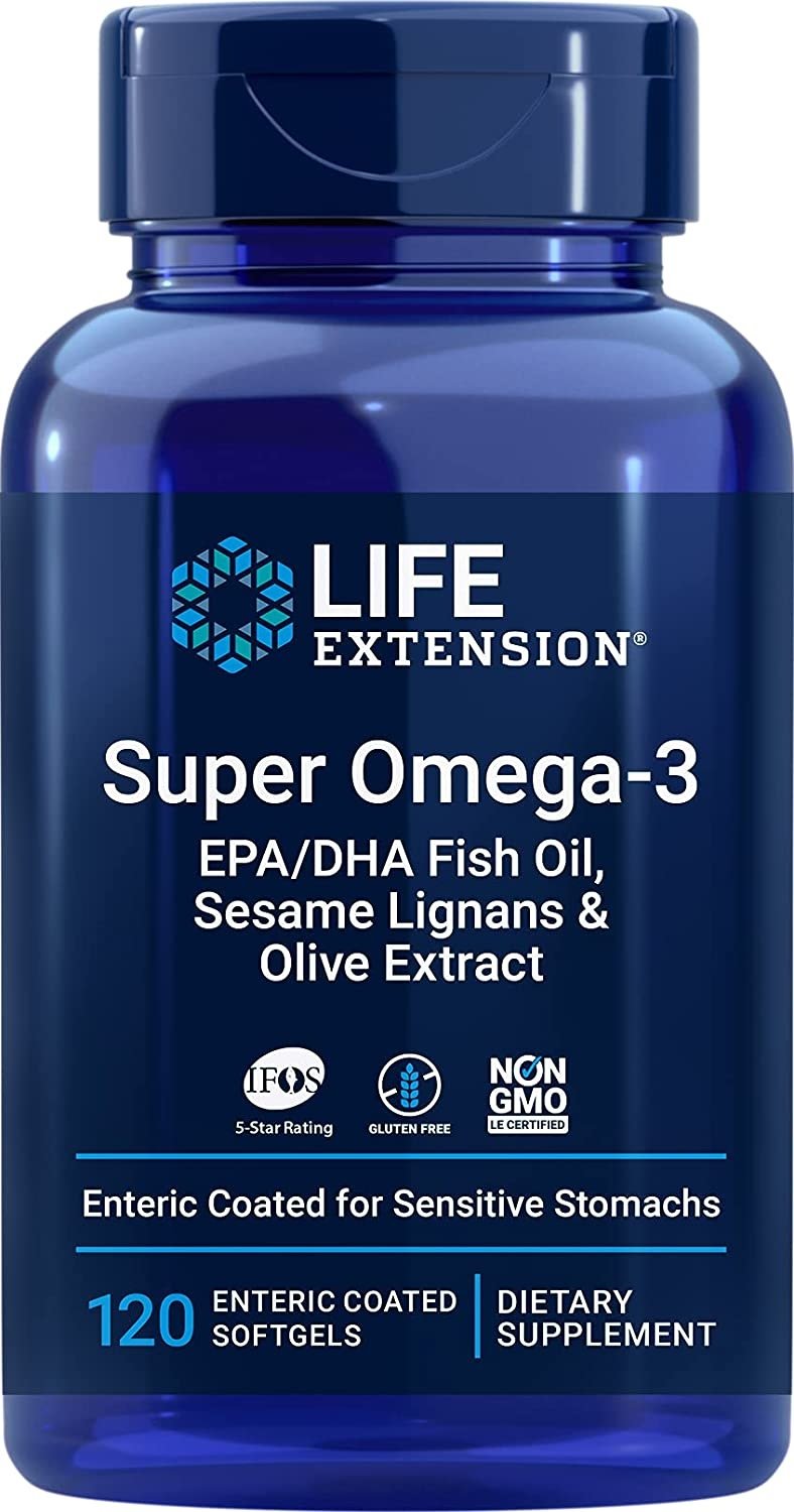 Life Extension Super Omega-3 EPA/DHA ar sezama lignāniem un olīveļļas ekstraktu 120 zarnās šķīstošās kapsulas