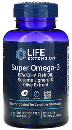 Life Extension Super Omega-3 EPA/DHA ar sezama lignāniem un olīvu ekstraktu, 60 kapsulas
