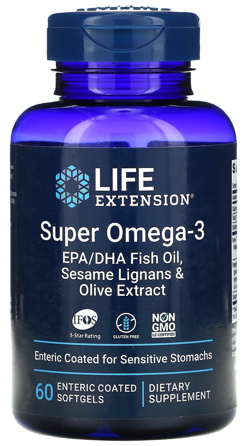 Life Extension Super Omega-3 EPA/DHA ar sezama lignāniem un olīvu ekstraktu, 60 kapsulas