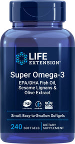 Life Extension Super Omega-3 EPA/DHA ar sezama lignāniem un olīveļļas ekstraktu, 240 kapsulas