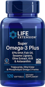 Life Extension Super Omega-3 Plus EPA/DHA ar sezama lignāniem, olīvu ekstraktu, krila eļļu un astaksantīnu, 120 kapsulas