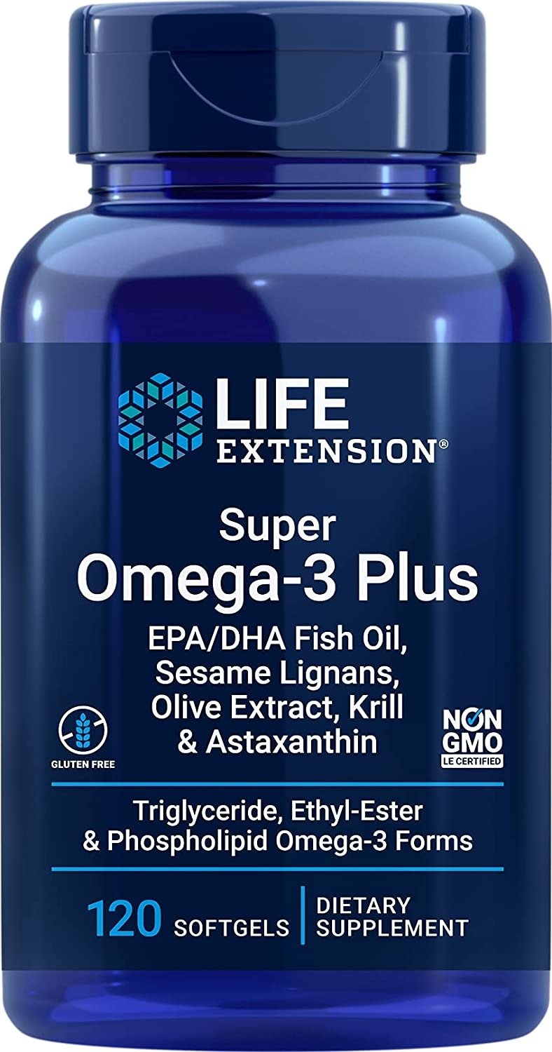 Life Extension Super Omega-3 Plus EPA/DHA ar sezama lignāniem, olīvu ekstraktu, krila eļļu un astaksantīnu, 120 kapsulas