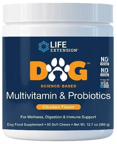 LIFE EXTENSION suņu multivitamīni un probiotikas, 90 košļājamās tabletes