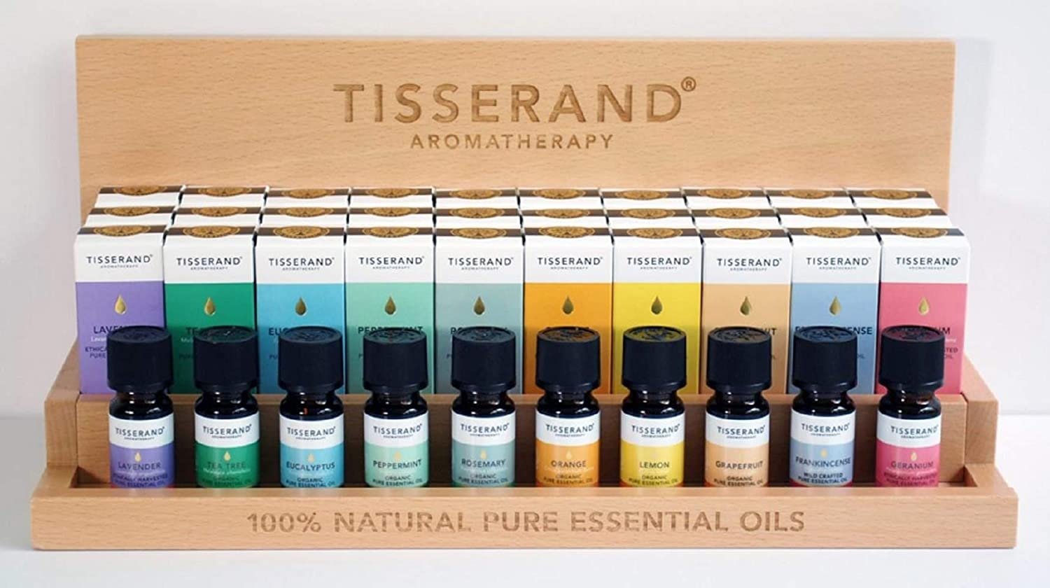 TISSERAND AROMATERAPIJAS TOP 10 ēterisko eļļu komplekts + displeja statīvs 40 gab. - 30 x 9 ml + 10 x testeri pa 9 ml