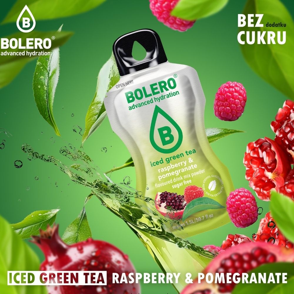 Bolero Classic ātri pagatavojams dzēriens Ledus zaļā tēja, aveņu un granātābolu - 8 g