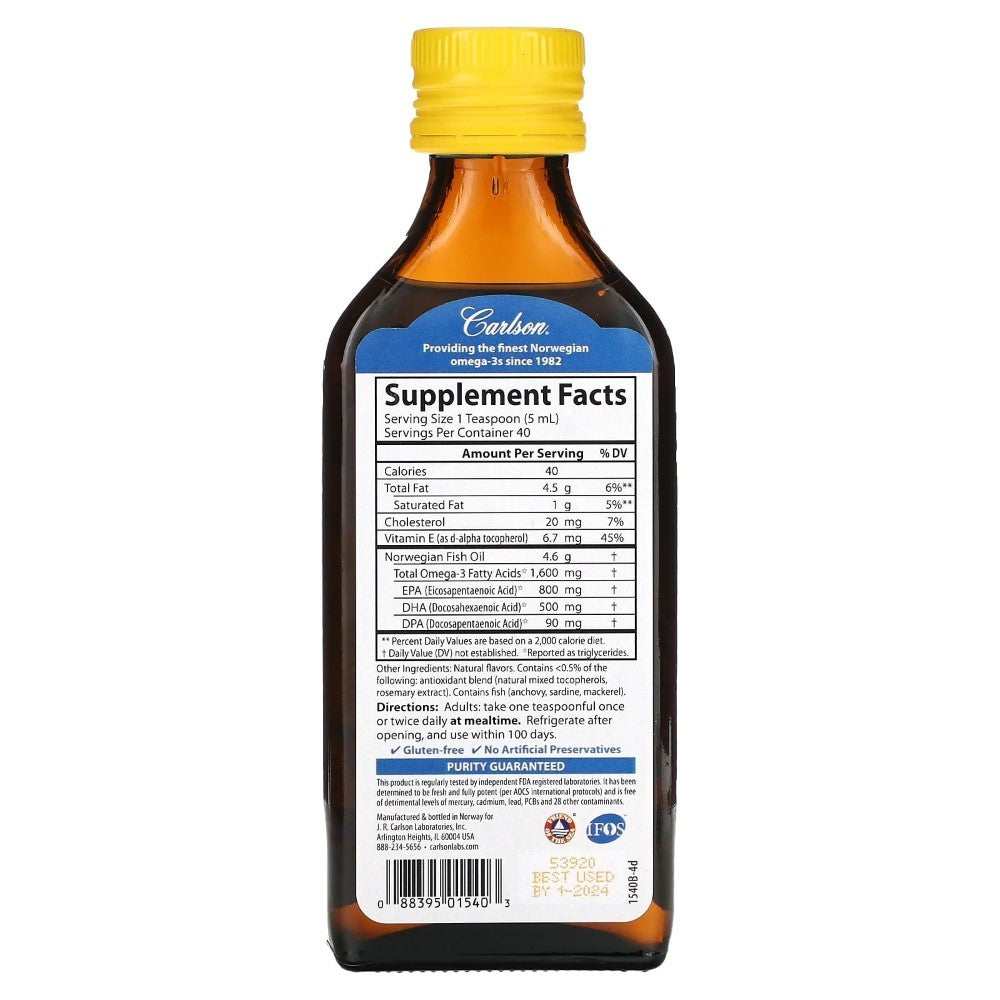 Carlson Labs norvēģu zivju eļļa, 1600 mg Omega-3, citrons – 200 ml
