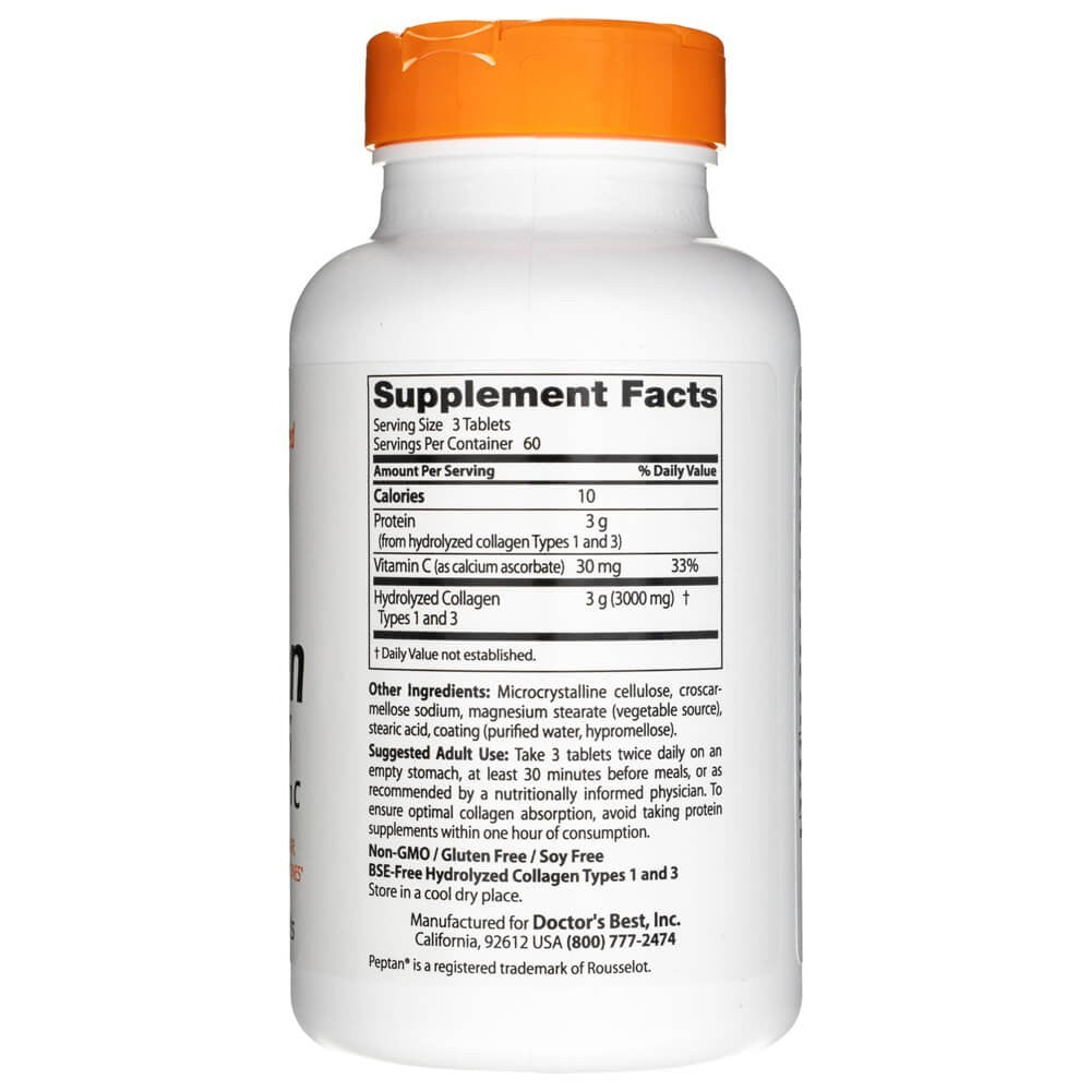 Doctor's Best 1. un 3. tipa kolagēns ar peptānu un C vitamīnu 1000 mg – 180 tabletes