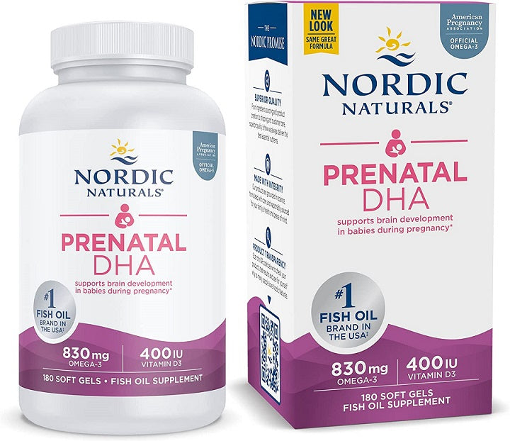 Prenatal DHA, 830mg Omega-3 + 400 IU D3 Unflavored (EAN 768990017483) - 180 softgels - Nordic Naturals