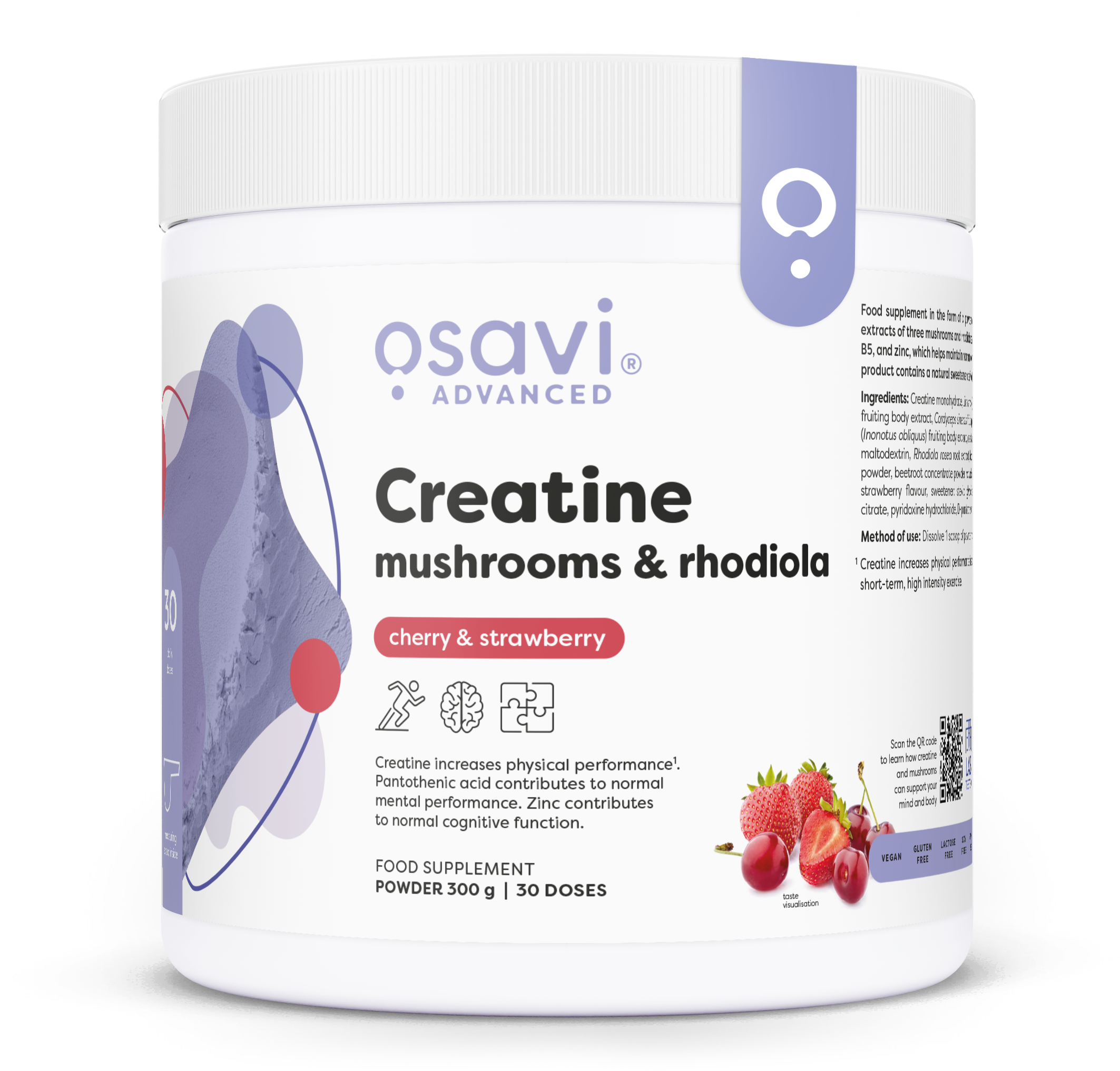 Creatine, Mushrooms & Rhodiola, Cherry & Strawberry - 300 grams - Osavi
