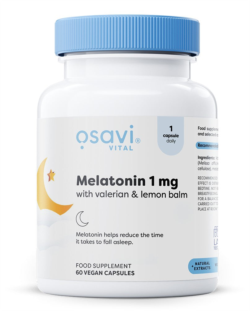 Melatonin with Valerian & Lemon Balm, 1mg - 60 vegan caps - Osavi
