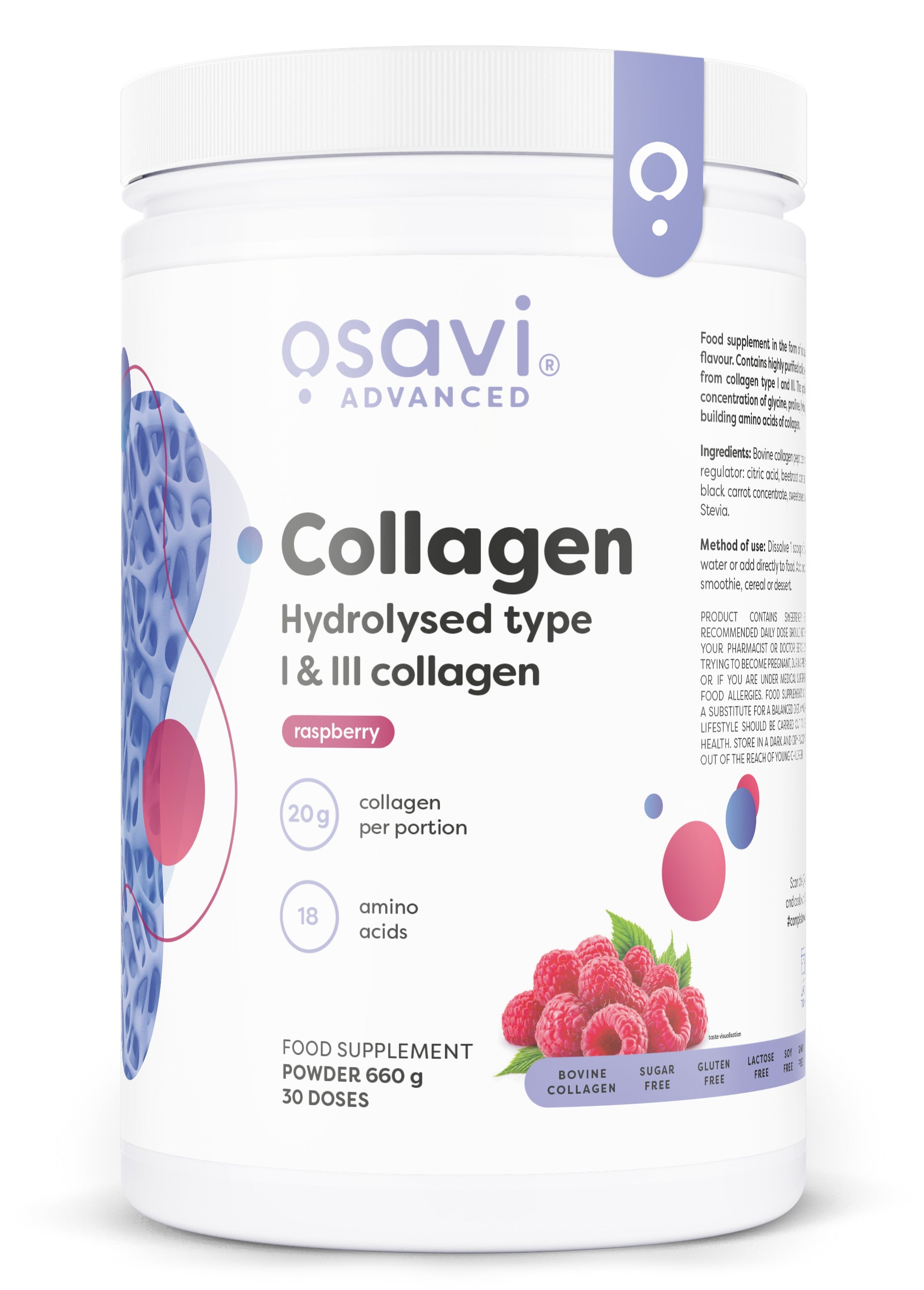 Collagen Hydrolysed Type I & III, Raspberry - 660 grams - Osavi