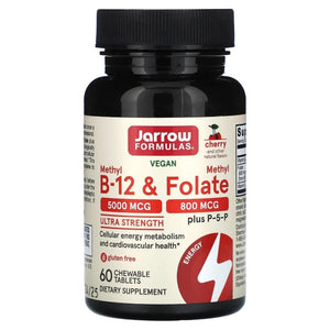 Jarrow Formulas Metil B-12 5000 mcg ir metilo folatas 800 mcg, vyšnių skonio - 60 pastilių - Magnis.lt