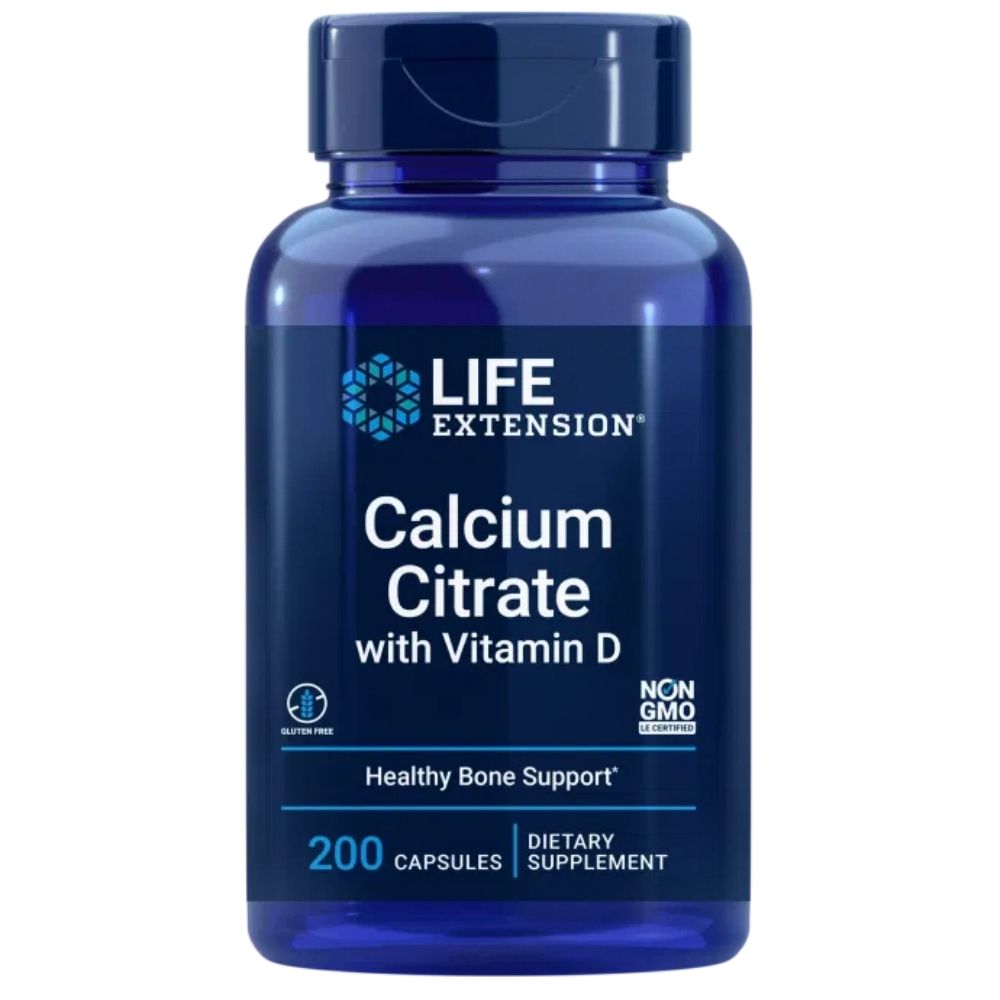 Life Extension kalcija citrāts + D vitamīns – 200 kapsulas