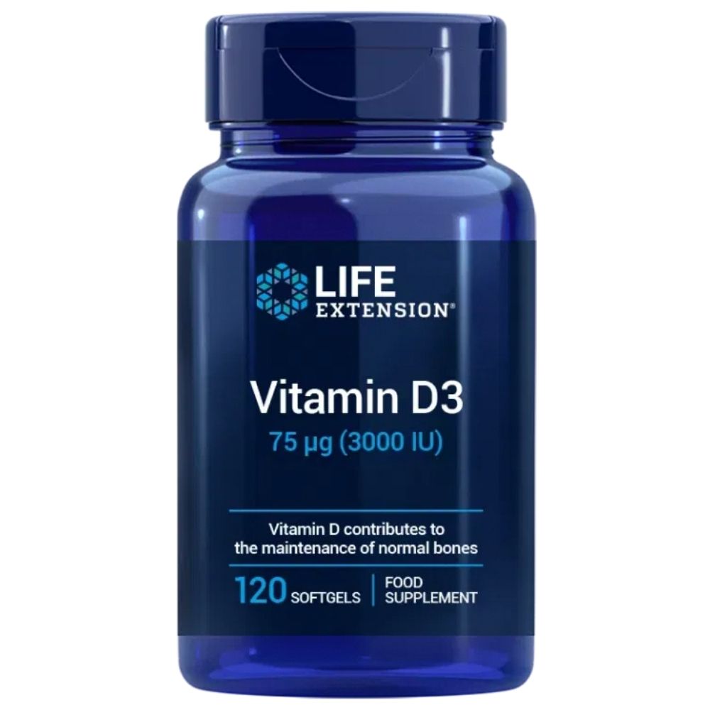 Life Extension vitamīns D3 75 mcg (3000 SV) – 120 mīkstās želejas kapsulas