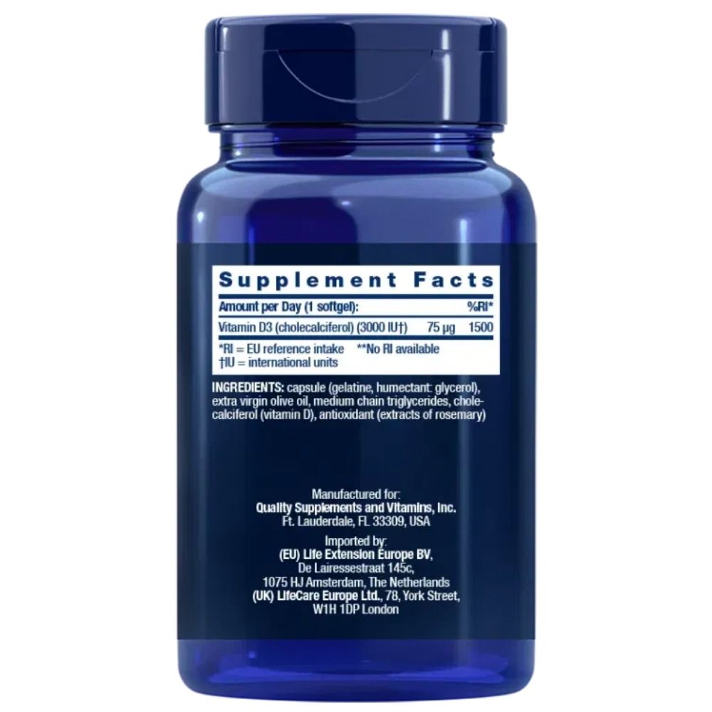 Life Extension vitamīns D3 75 mcg (3000 SV) – 120 mīkstās želejas kapsulas