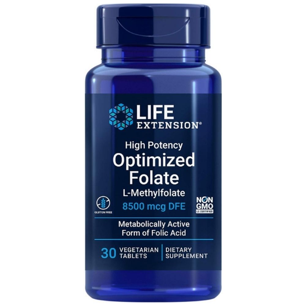 Life Extension didelio stiprumo optimizēts folāts 8500 mcg - 30 tabletes