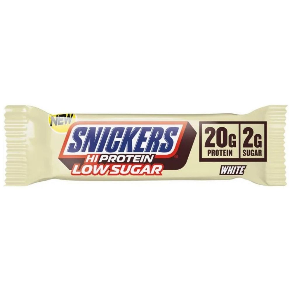 Snickers White Hi-Protein Low Sugar, baltyminis batonėlis, karamelė ir žemės riešutų sviestas - 57 g - Magnis.lt