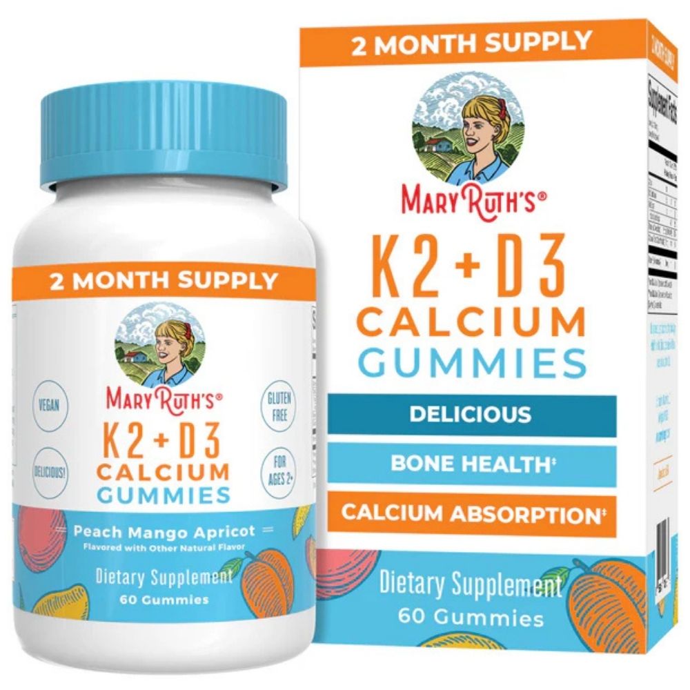 MaryRuth's K2+D3 vitamīns un kalcijs gumijas konfektēs, persiku, mango un bumbieru garša - 60 gab.