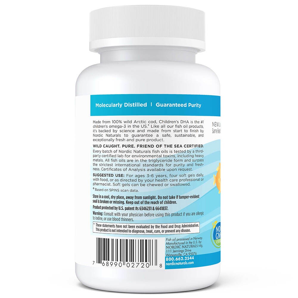Nordic Naturals DHA, Omega-3 250 mg vaikams, braškių skonio - 360 mini kapsulių - Magnis.lt