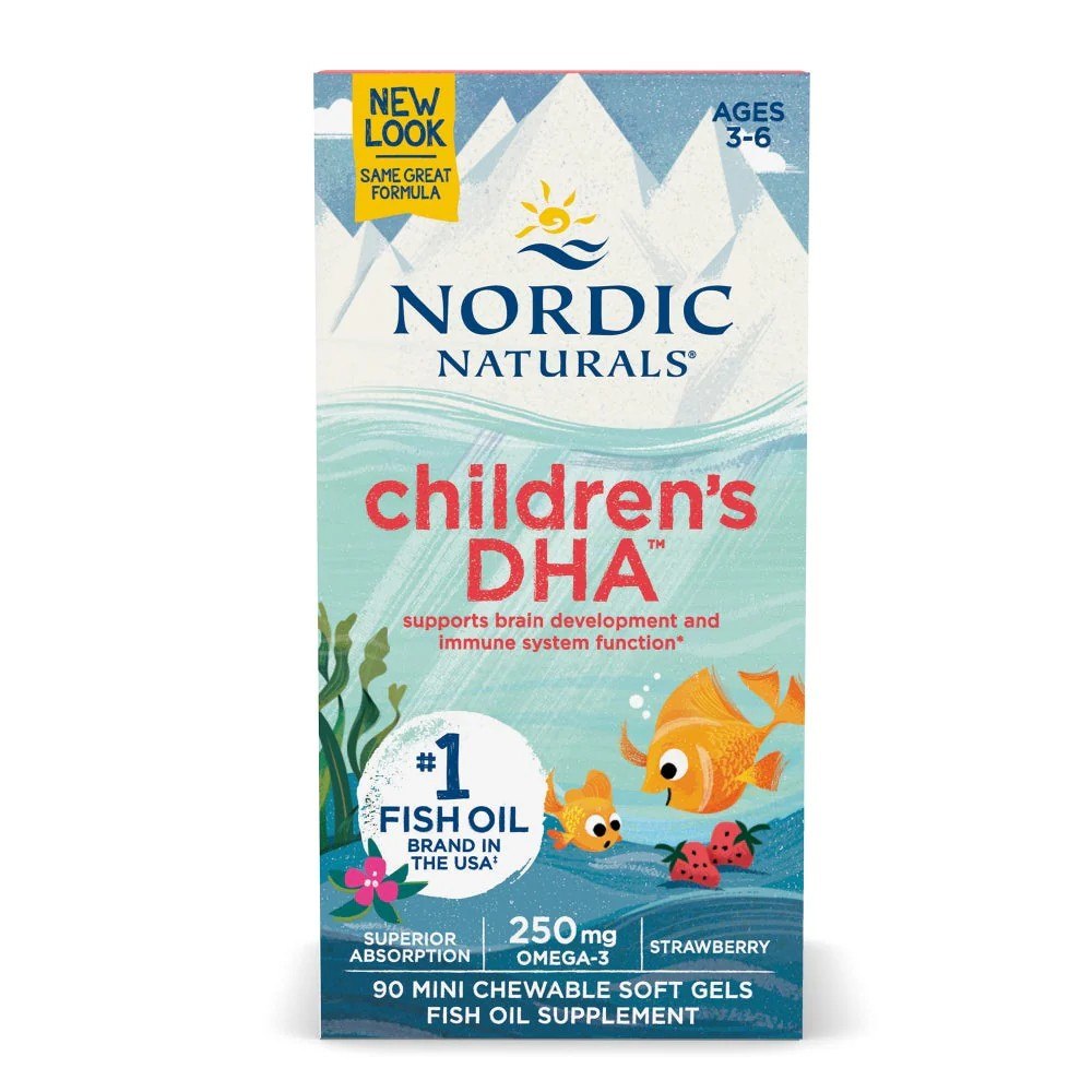 Nordic Naturals DHA, Omega-3 250 mg vaikams, braškių skonio - 360 mini kapsulių - Magnis.lt