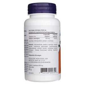 Now Foods Acetil-L-karnitīns 500 mg - 50 kapsulas