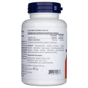 Now Foods Acetil-L-karnitīns 500 mg – 100 kapsulas