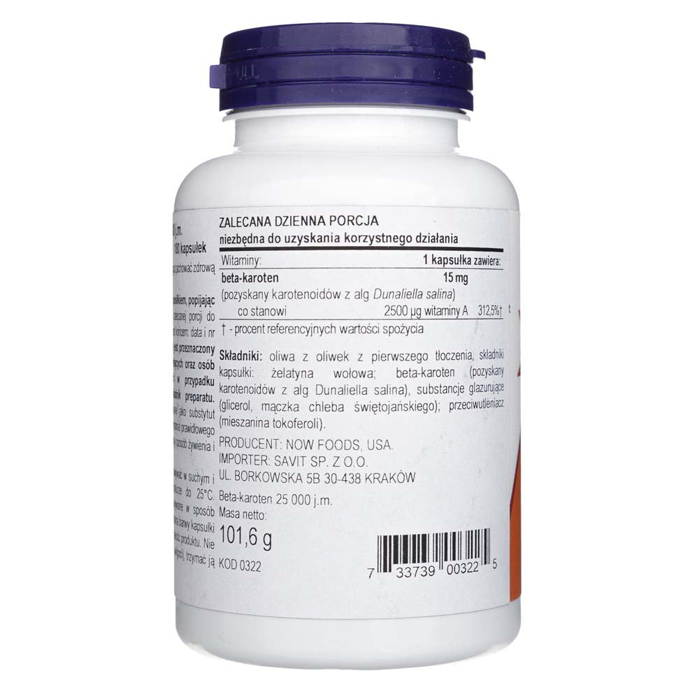 Now Foods Beta karotīns dabīgais 7500 mcg (25000 SV) - 180 mīkstās želejas kapsulas