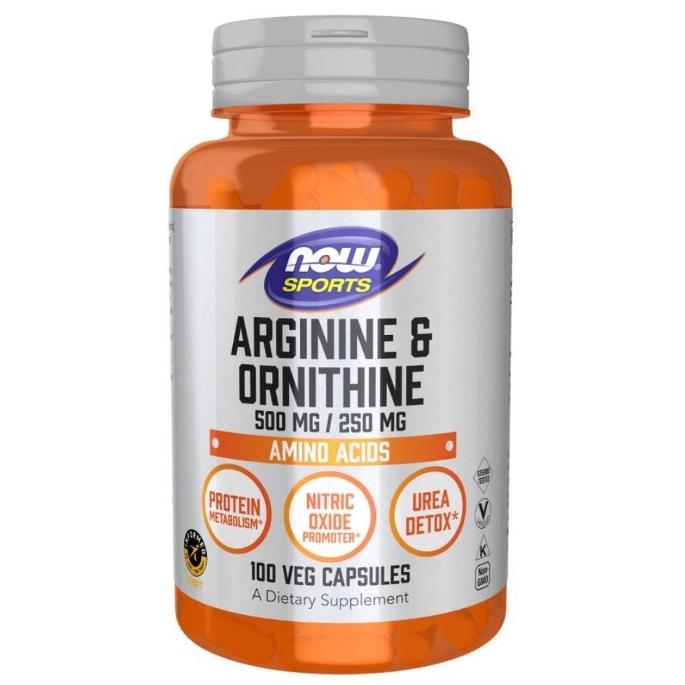 Now Foods L-arginīns 500 mg un L-ornitīns 250 mg - 100 kapsulas