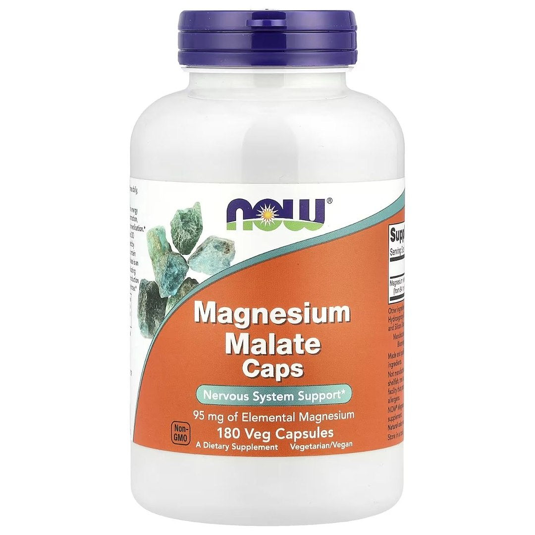 Now Foods magnija malāts 95 mg – 180 kapsulas
