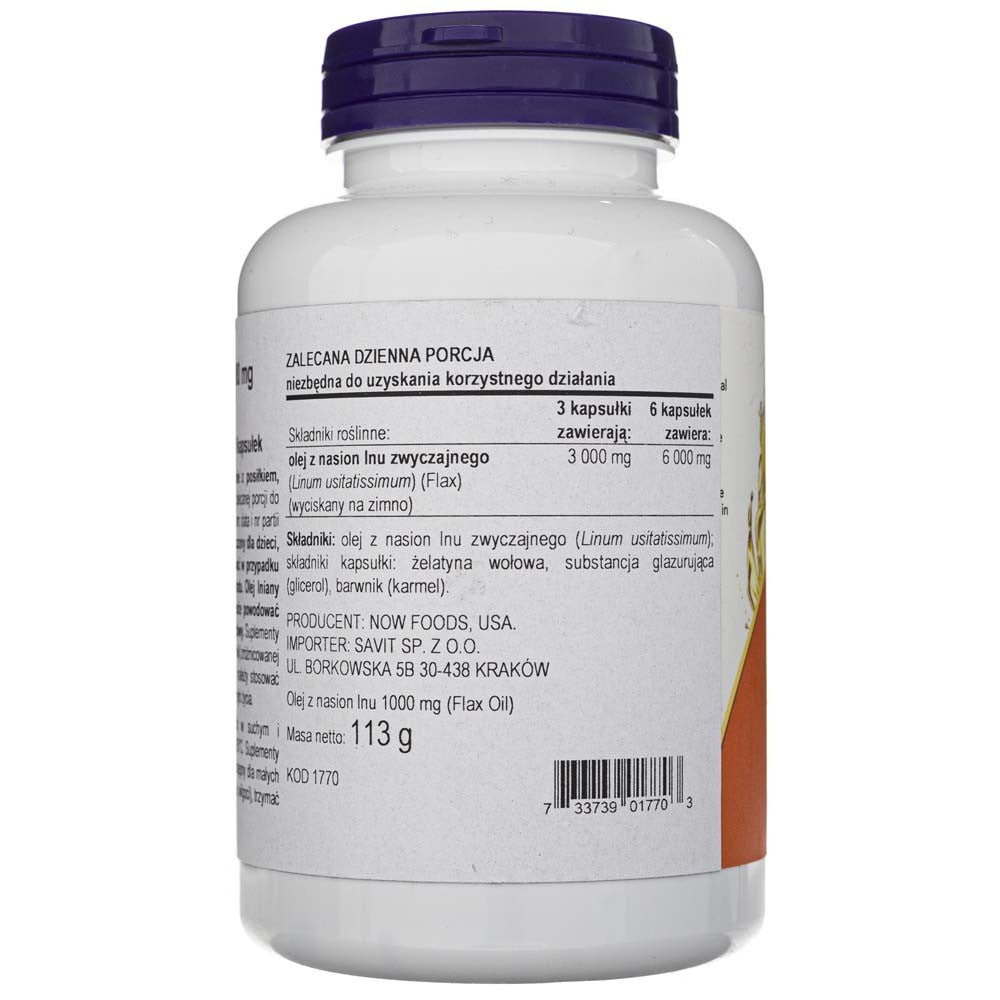 Now Foods linsēklu eļļa 1000 mg - 100 mīkstās želejas kapsulas