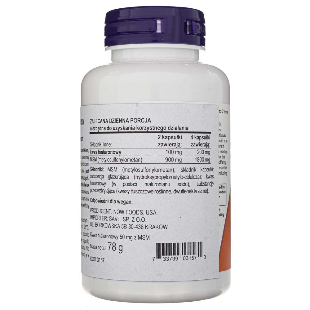 Now Foods hialuronskābe ar MSM 50 mg - 120 kapsulas