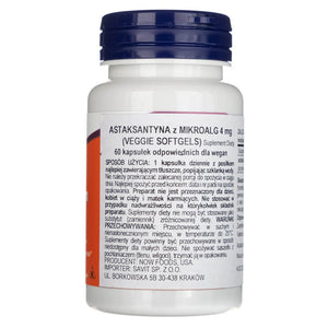 Now Foods astaksantīns 4 mg – 60 mīkstās želejas kapsulas