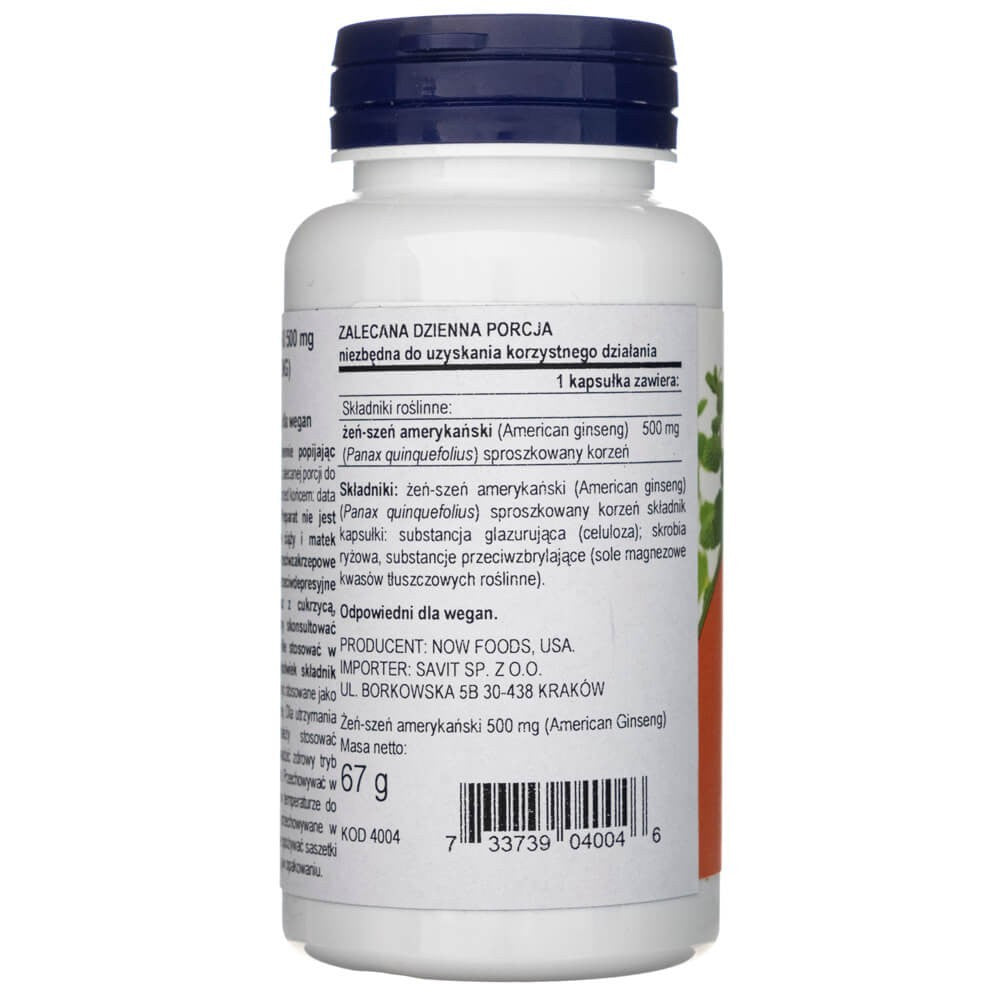 Now Foods amerikāņu žeņšeņs 500 mg - 100 kapsulas