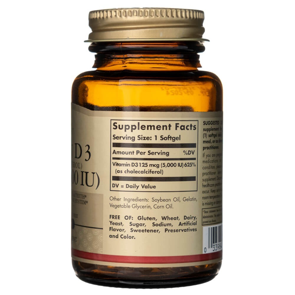 Solgar D3 vitamīns 125 mcg (5000 IU) - 100 mīkstās želejas kapsulas