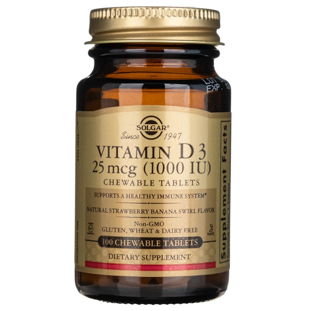 Solgar vitaminas D3 25 mcg (1000 TV) - 100 kramtomųjų tablečių - Magnis.lt
