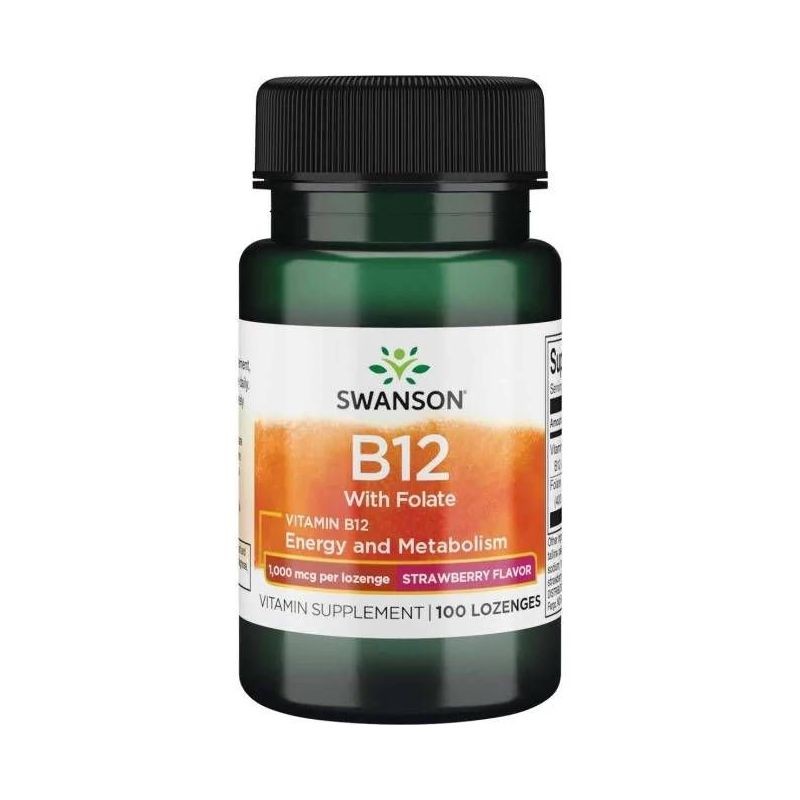 Swanson vitaminas B12 1000 mcg + folio rūgštis, braškių skonio - 100 pastilių - Magnis.lt