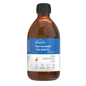 Vitaler Norvēģijas mencu aknu eļļa Omega-3 1200 mg D3 2000 IU, apelsīnu garša, 1200 mg - 250 ml