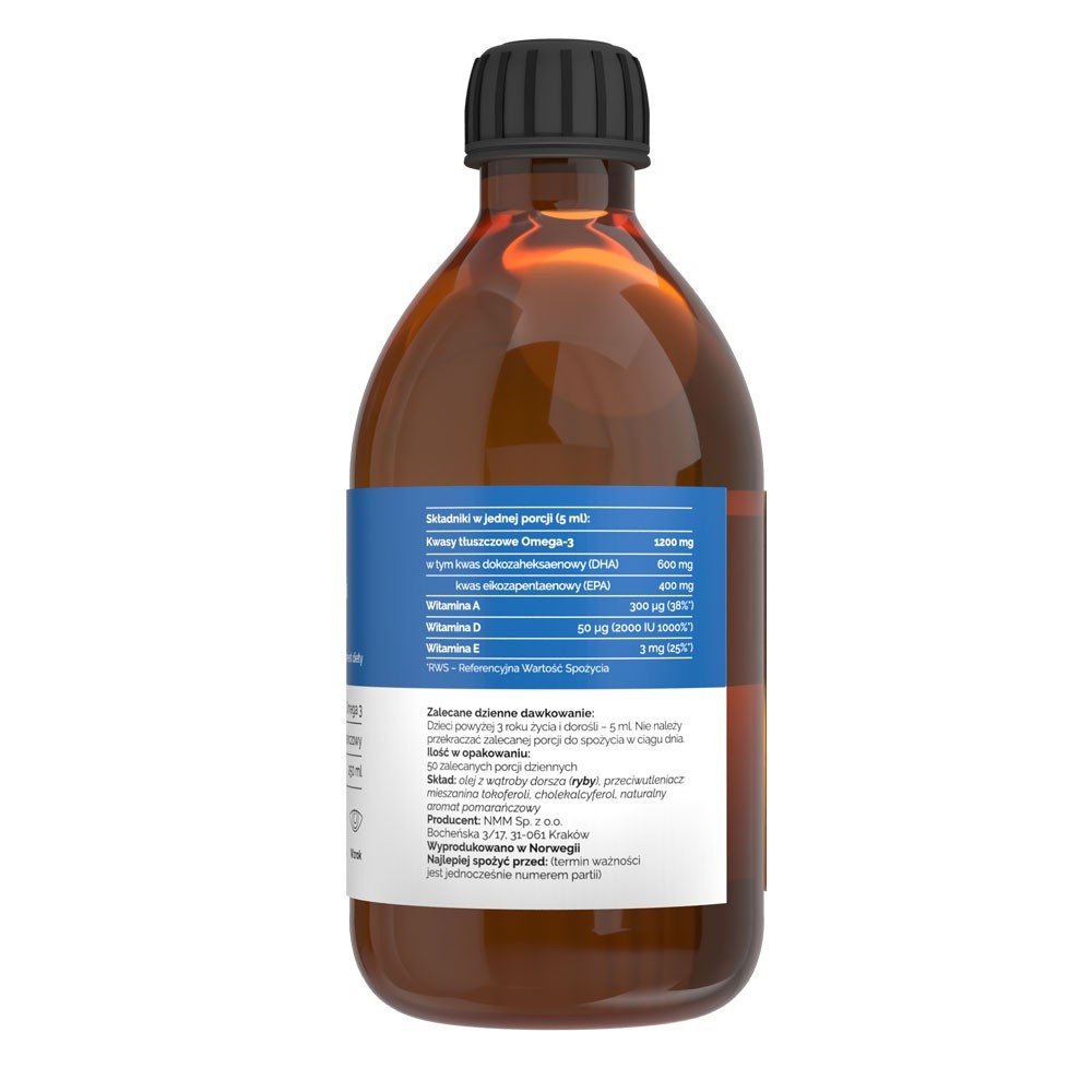 Vitaler Norvēģijas mencu aknu eļļa Omega-3 1200 mg D3 2000 IU, apelsīnu garša, 1200 mg - 250 ml