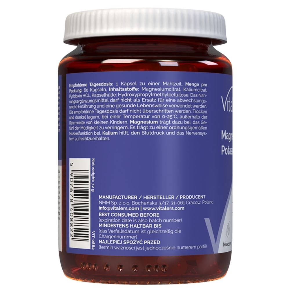 Vitaler's - Magnijs 100 mg + Kālijs 150 mg + B6 6 mg 60 kapsulas
